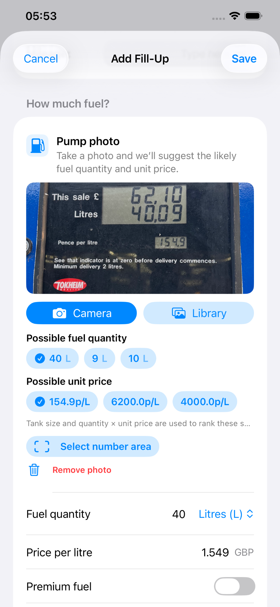 Add Fill-Up screen showing photo-assisted fuel entry