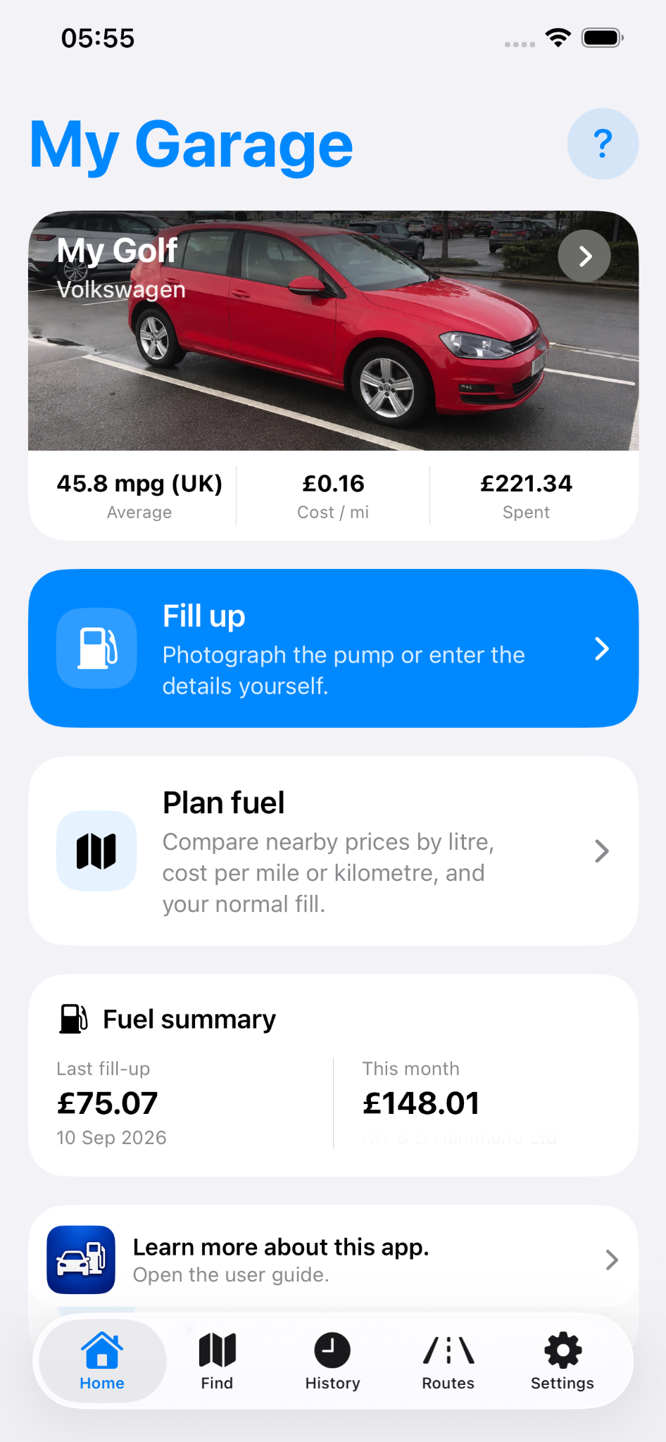 My Garage screen showing a car, average economy, cost per mile and fuel spend